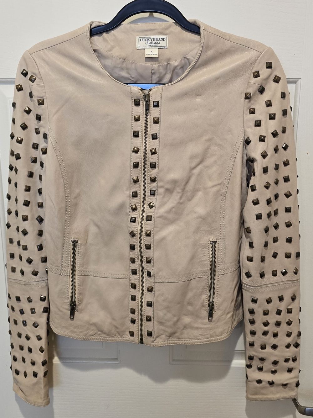 Lucky Brand Leather Studded Jacket Small Beige Blush Moto Zip Up Womens